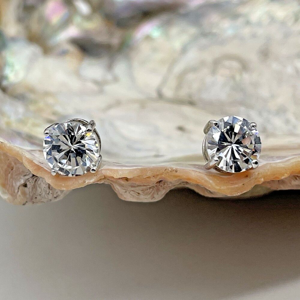 RP 925 Sterling Silver Earrings Round CZ Clear Cubic Zirconia 8mm Studs
